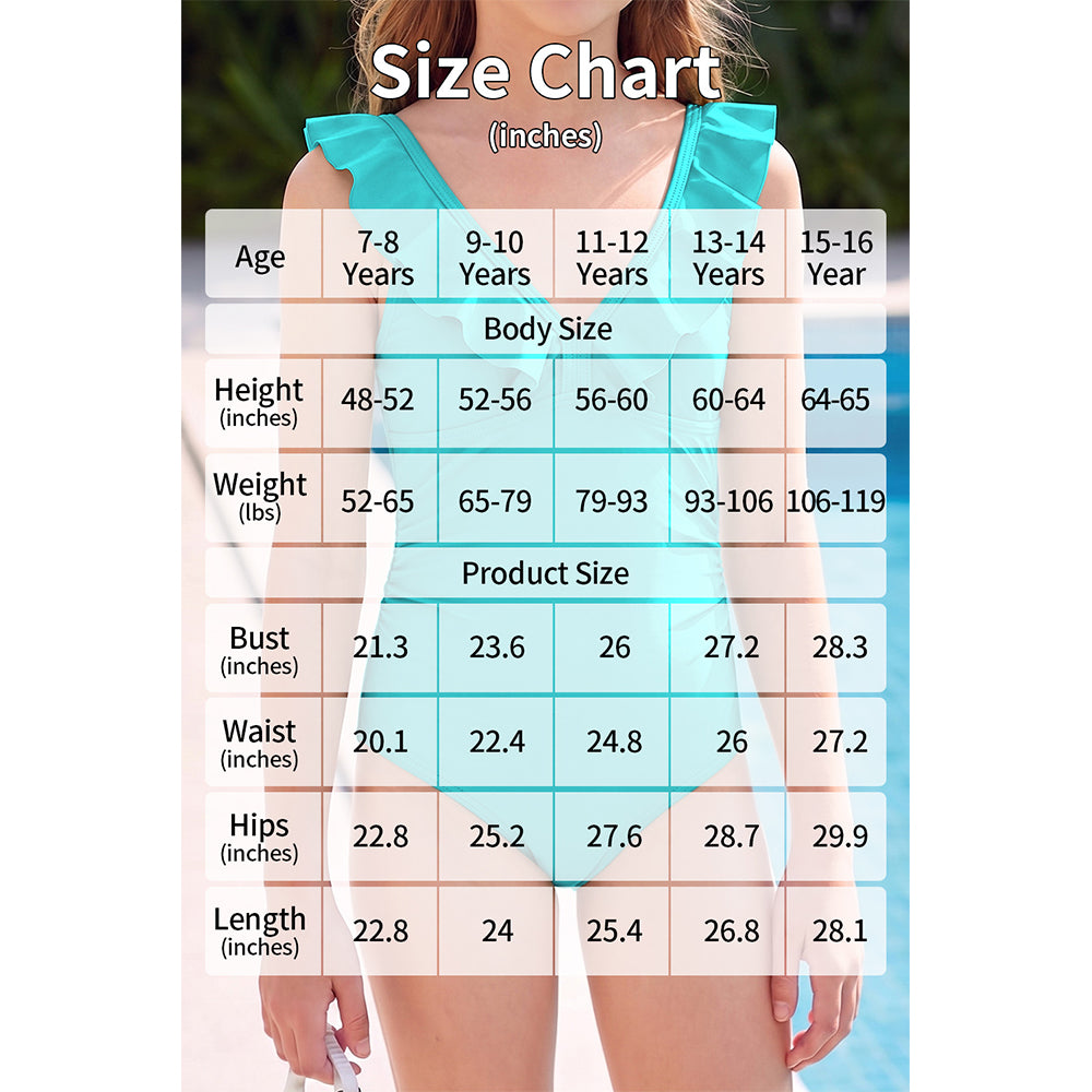 Charmo Girls Ruffled V Neck Ruched Bodice Adjustable Strap One Piece Swimsuit Tummy Control Bathing Suit