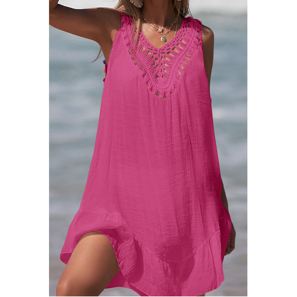 Charmo Women's  Crochet Neckline Pom-Pom Tassel Open Back Sheer Cover Up Dress Beach Dress