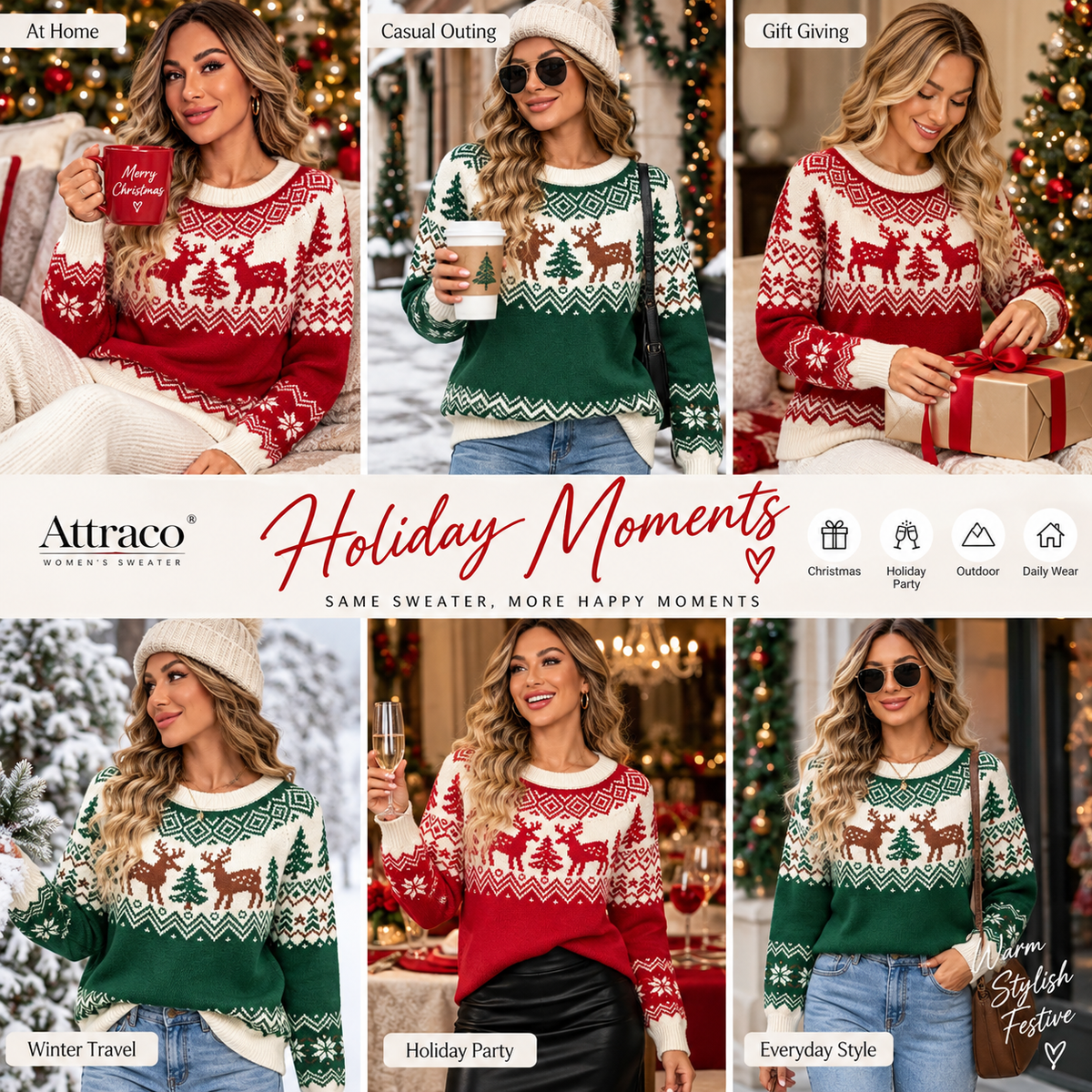 Attraco Women's Christmas Sweater Long Sleeve Crewneck Reindeer Snowflake Knit Pullover Holiday Winter Cozy Ugly Christmas Sweater
