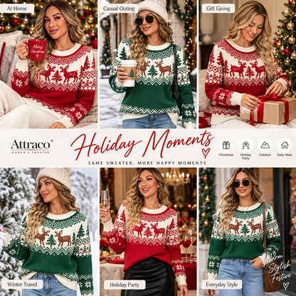 Attraco Women's Christmas Sweater Long Sleeve Crewneck Reindeer Snowflake Knit Pullover Holiday Winter Cozy Ugly Christmas Sweater