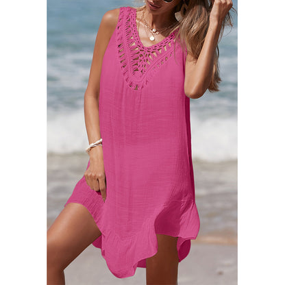 Charmo Women's  Crochet Neckline Pom-Pom Tassel Open Back Sheer Cover Up Dress Beach Dress