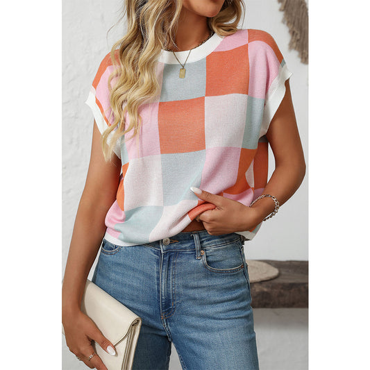 Attraco Women's Cap Sleeve Checkered Relaxed Fit Crew Neck Blouse