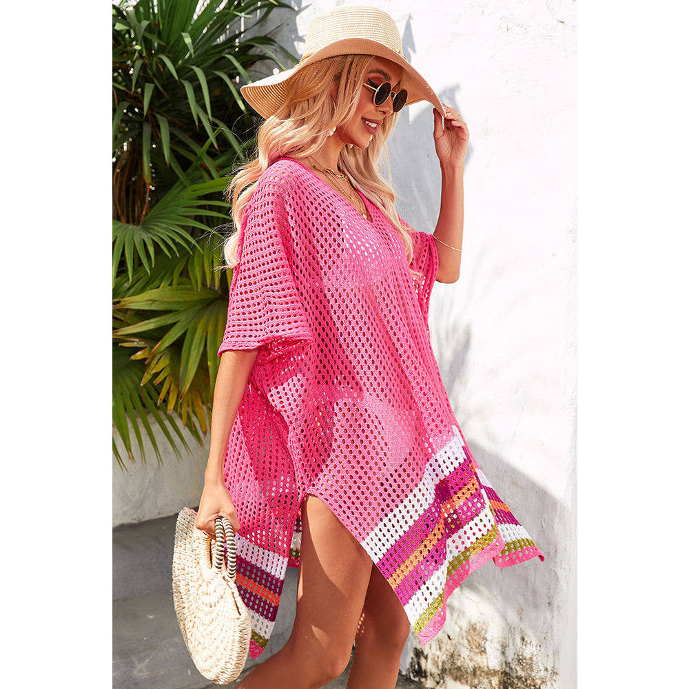 Charmo Women's Loose Openwork Color Block Side Slits Beach Cover Up