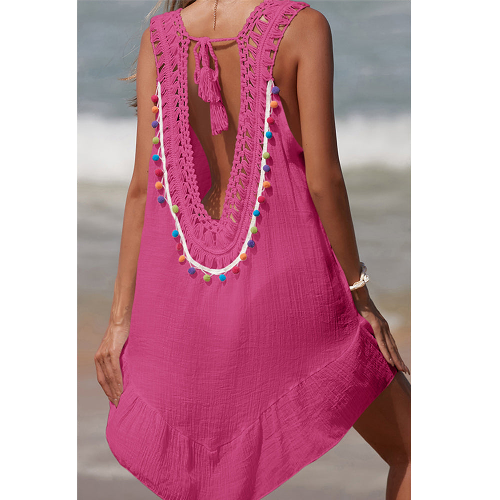 Charmo Women's  Crochet Neckline Pom-Pom Tassel Open Back Sheer Cover Up Dress Beach Dress