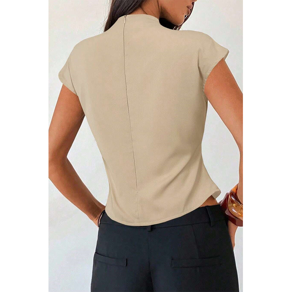 Attraco Women's High Neck Cap Sleeve Belted Blouse with Gold Buckle Business Casual Tops