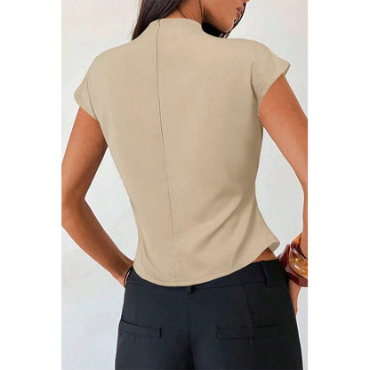 Attraco Women's High Neck Cap Sleeve Belted Blouse with Gold Buckle Business Casual Tops