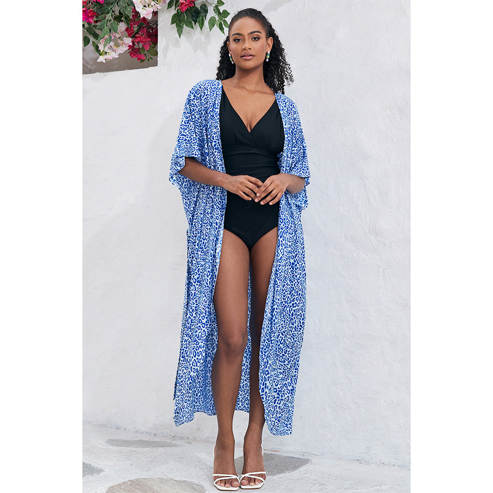 Charmo Women's Leopard Print Kimono Style Open Front Tie Waist Cover Up Swimming Maxi Dress