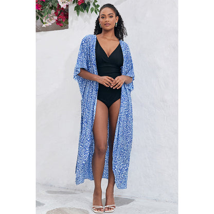 Charmo Women's Leopard Print Kimono Style Open Front Tie Waist Cover Up Swimming Maxi Dress