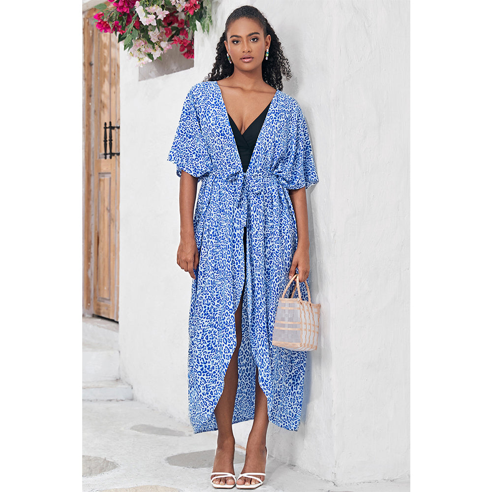 Charmo Women's Leopard Print Kimono Style Open Front Tie Waist Cover Up Swimming Maxi Dress