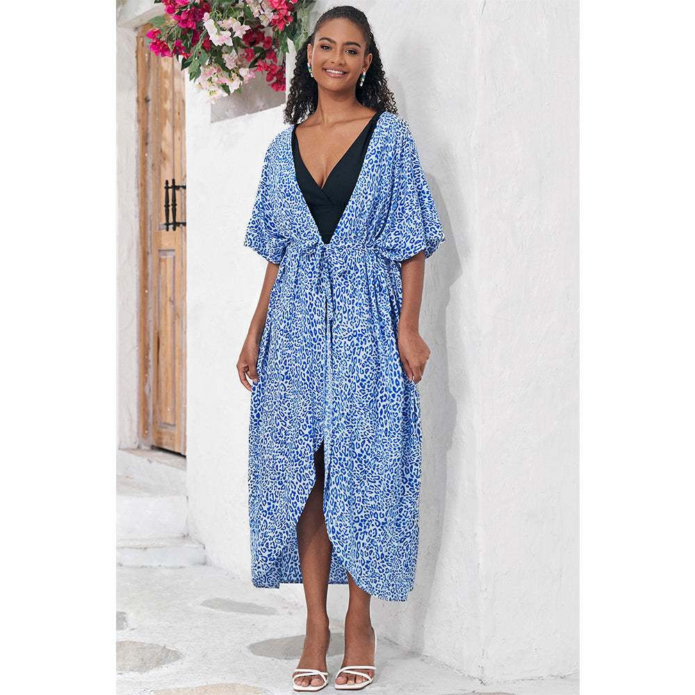 Charmo Women's Leopard Print Kimono Style Open Front Tie Waist Cover Up Swimming Maxi Dress