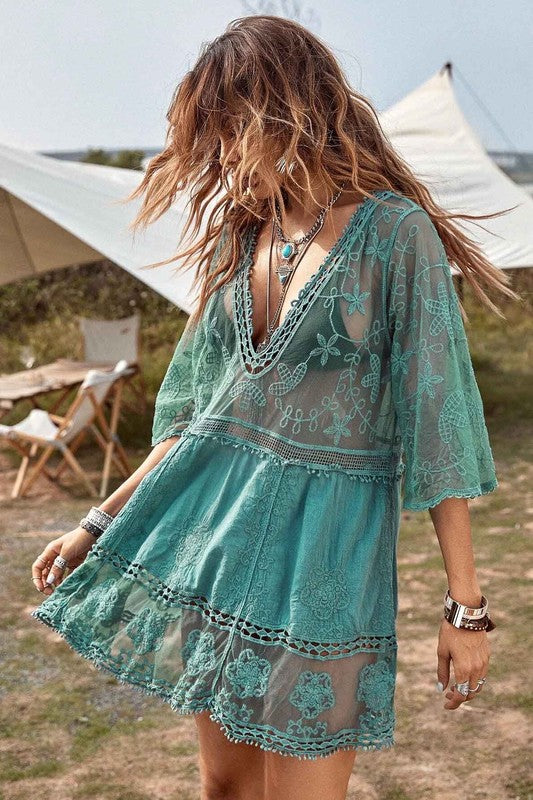 Contrast Lace Bathing Suit Cover Up Bikini Dress-AL9398