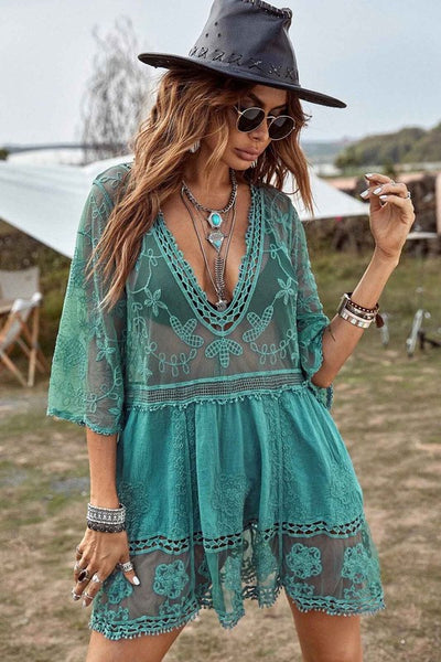 Contrast Lace Bathing Suit Cover Up Bikini Dress-AL9398