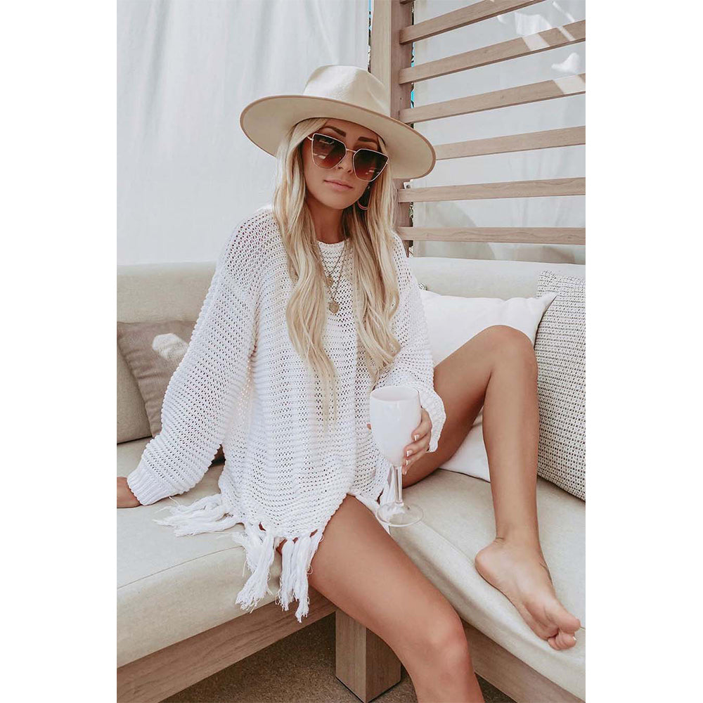 Charmo Women's Long Sleeve Hollow Out Crochet Cover Up with Fringe Hem
