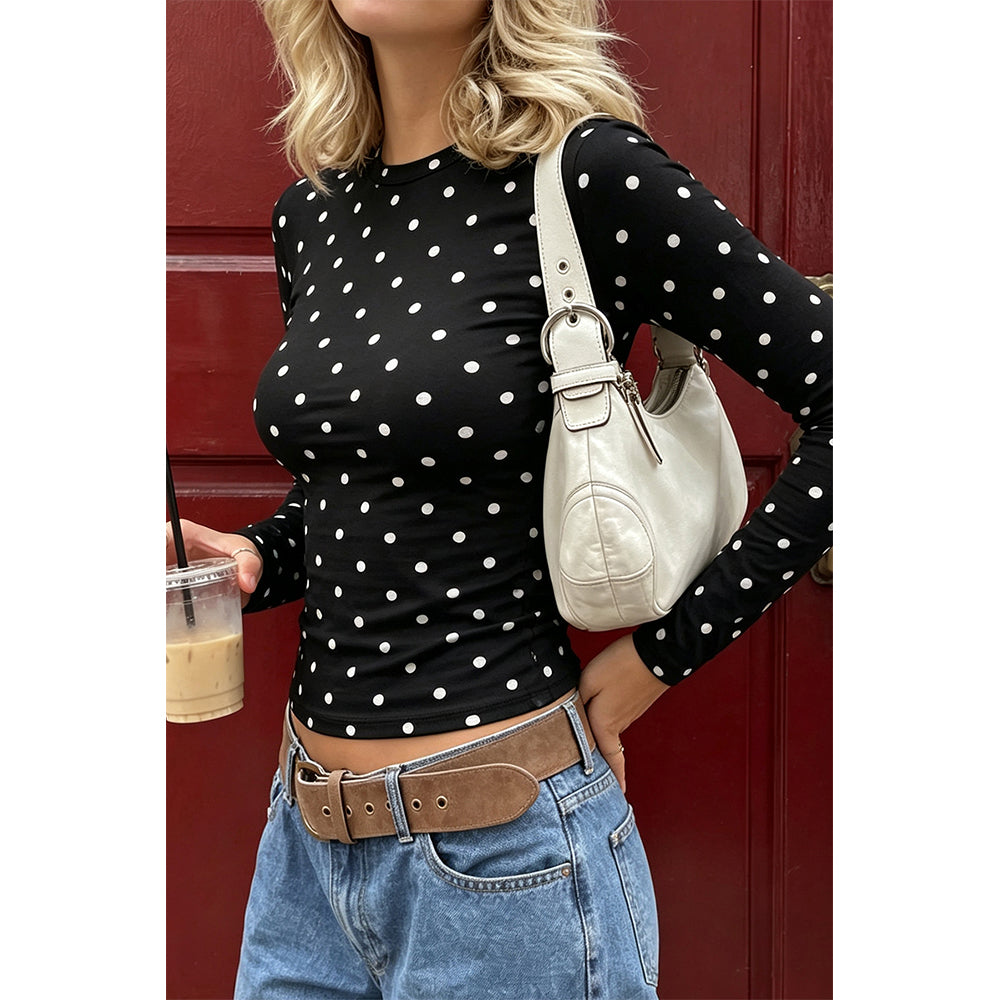 Attraco Women's Long Sleeve Polka Dot Top Crew Neck Slim Fit Casual Shirt