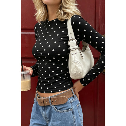 Attraco Women's Long Sleeve Polka Dot Top Crew Neck Slim Fit Casual Shirt