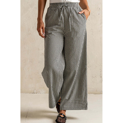 Attraco Women's Gingham Wide Leg Pants with Drawstring Waist & Pockets