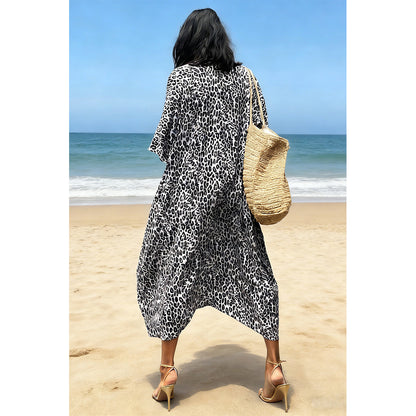 Charmo Women's Leopard Print Kimono Style Open Front Tie Waist Cover Up Swimming Maxi Dress