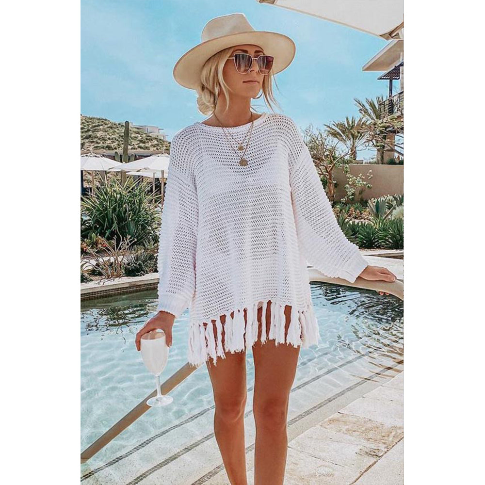 Charmo Women's Long Sleeve Hollow Out Crochet Cover Up with Fringe Hem