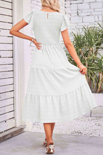 Flutter Short Sleeve Crew Neck Tiered Midi Dress-AL9395