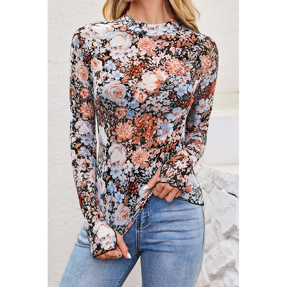 Attraco Women's Floral Print Mock Neck Long Sleeve Sheer Mesh Tops Spring Shirt