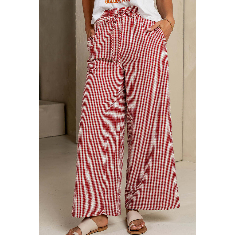 Attraco Women's Gingham Wide Leg Pants with Drawstring Waist & Pockets