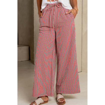 Attraco Women's Gingham Wide Leg Pants with Drawstring Waist & Pockets