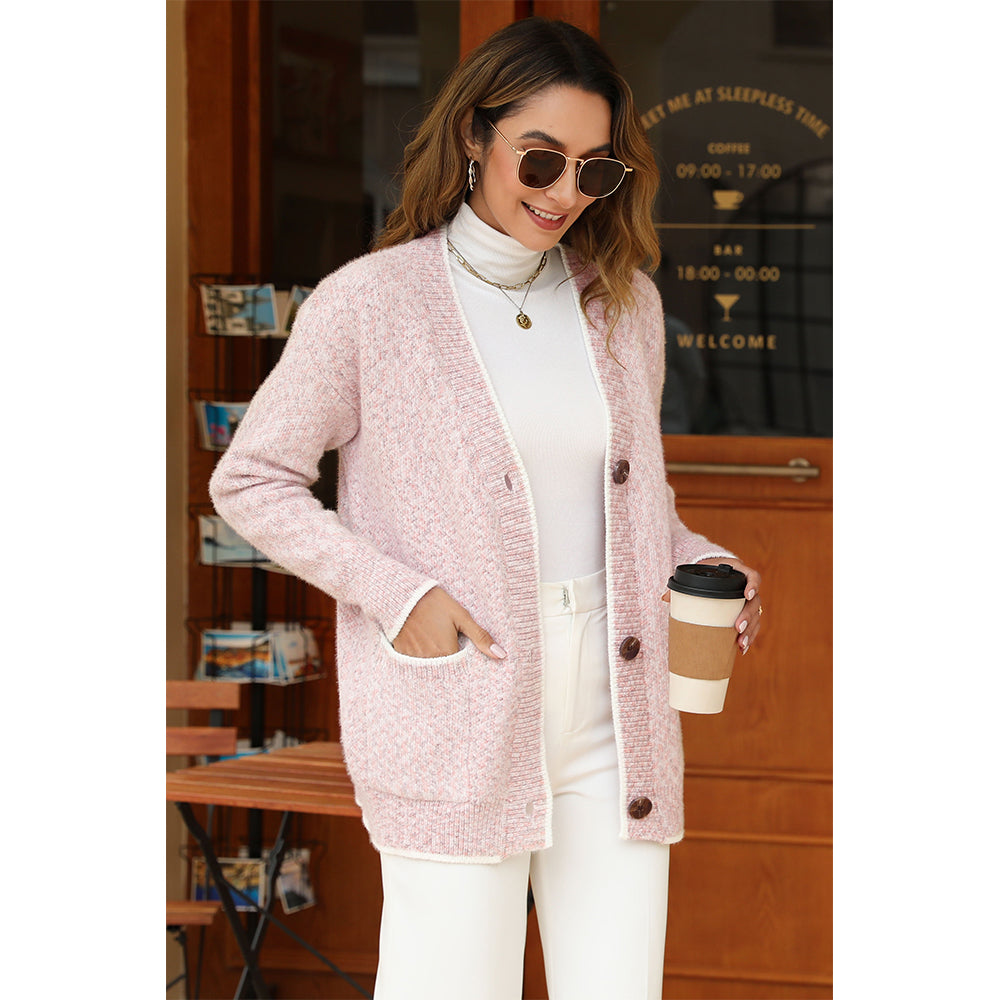 V For City Women's Color Block Button Down Long Sleeve V-Neck Cardigan with Pockets