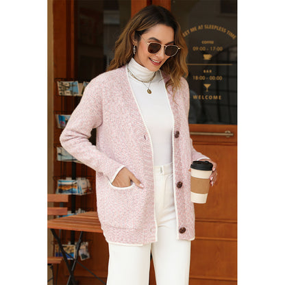 V For City Women's Color Block Button Down Long Sleeve V-Neck Cardigan with Pockets