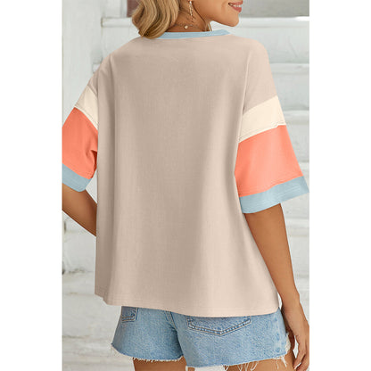 Attraco Women's Oversized Color Block Half-Sleeve Drop-Shoulder Blouse Summer T-shirt
