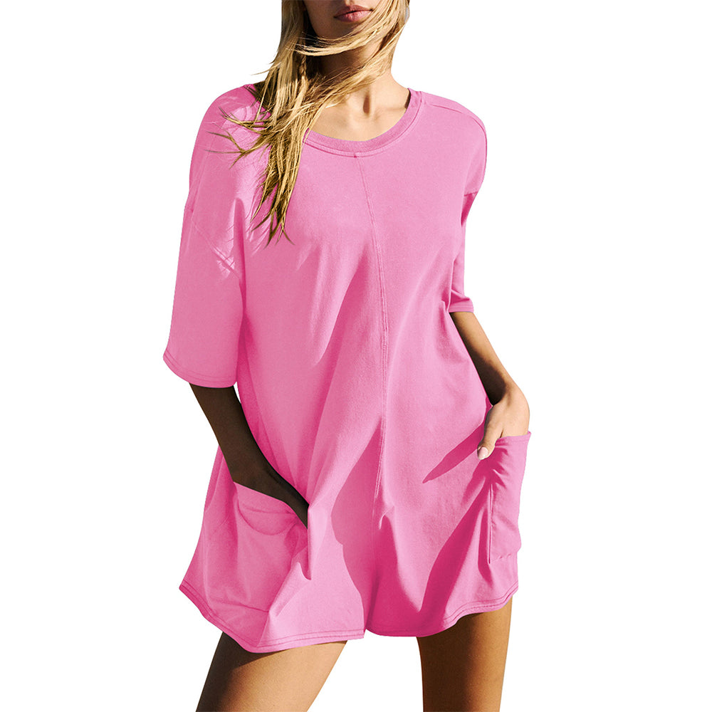 Attraco Women's Short Sleeve Crew Neck V Back Jumpsuit with Front Pockets Romper