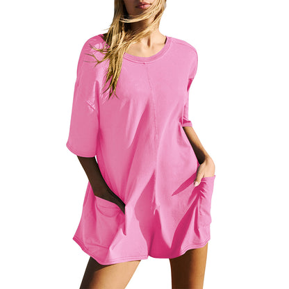Attraco Women's Short Sleeve Crew Neck V Back Jumpsuit with Front Pockets Romper