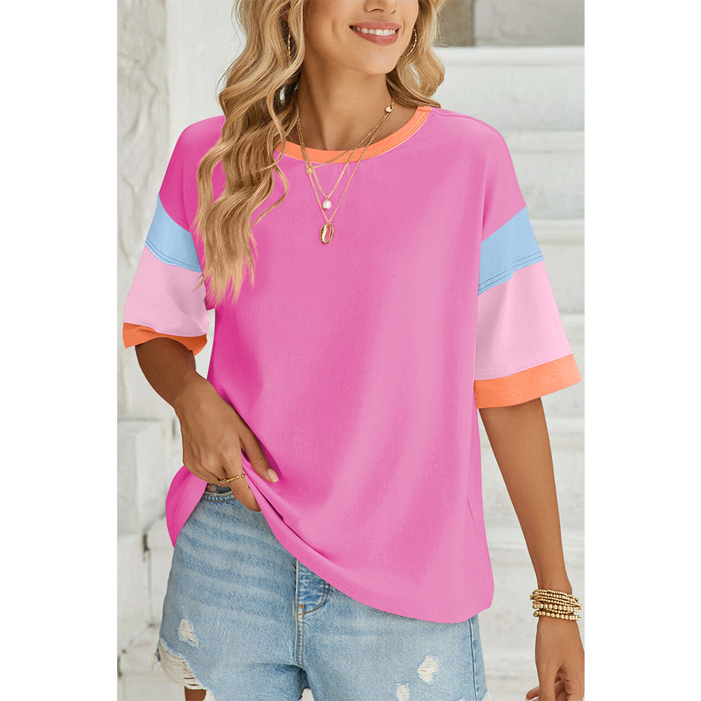 Attraco Women's Oversized Color Block Half-Sleeve Drop-Shoulder Blouse Summer T-shirt