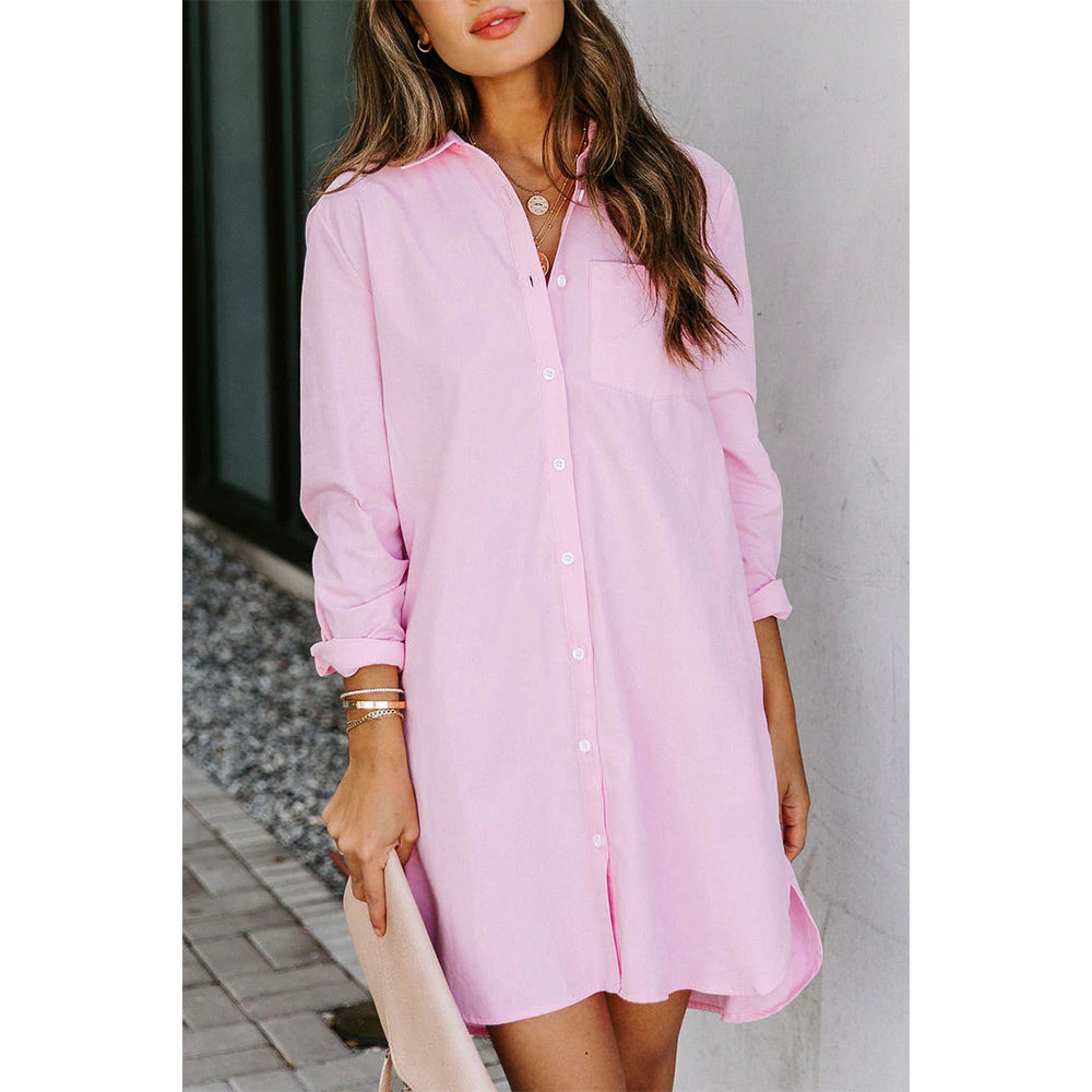 Attraco Women's Long Sleeve Button Front Midi Shirt Dress with Side Slits and Side Pockets