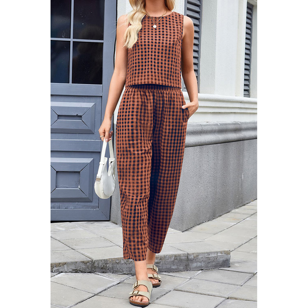 Attraco Women Sleeveless Cropped Top 2 Piece Gingham Loungewear Set Elastic Waist Pocket Wide Leg Cropped Pants Sets