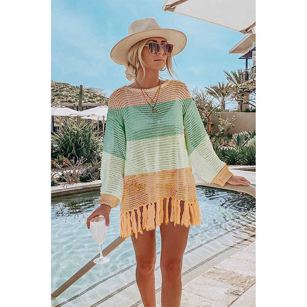Charmo Women's Long Sleeve Hollow Out Crochet Cover Up with Fringe Hem