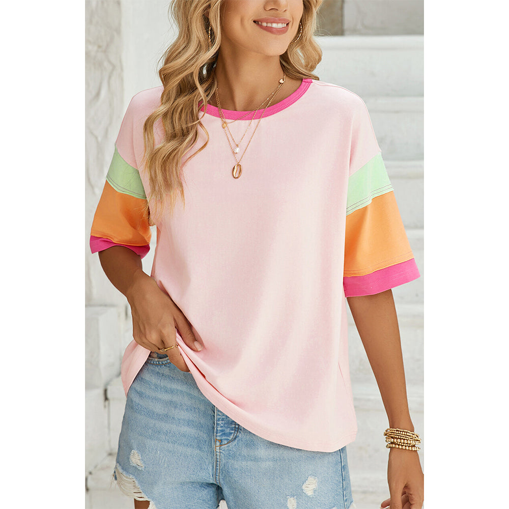 Attraco Women's Oversized Color Block Half-Sleeve Drop-Shoulder Blouse Summer T-shirt
