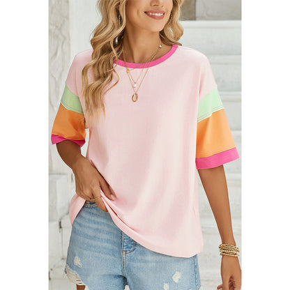 Attraco Women's Oversized Color Block Half-Sleeve Drop-Shoulder Blouse Summer T-shirt