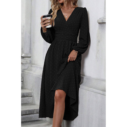 Attraco Women V Neck Bubble Dot Midi Dress Long Balloon Sleeve Ruched Waist Flowy Dress