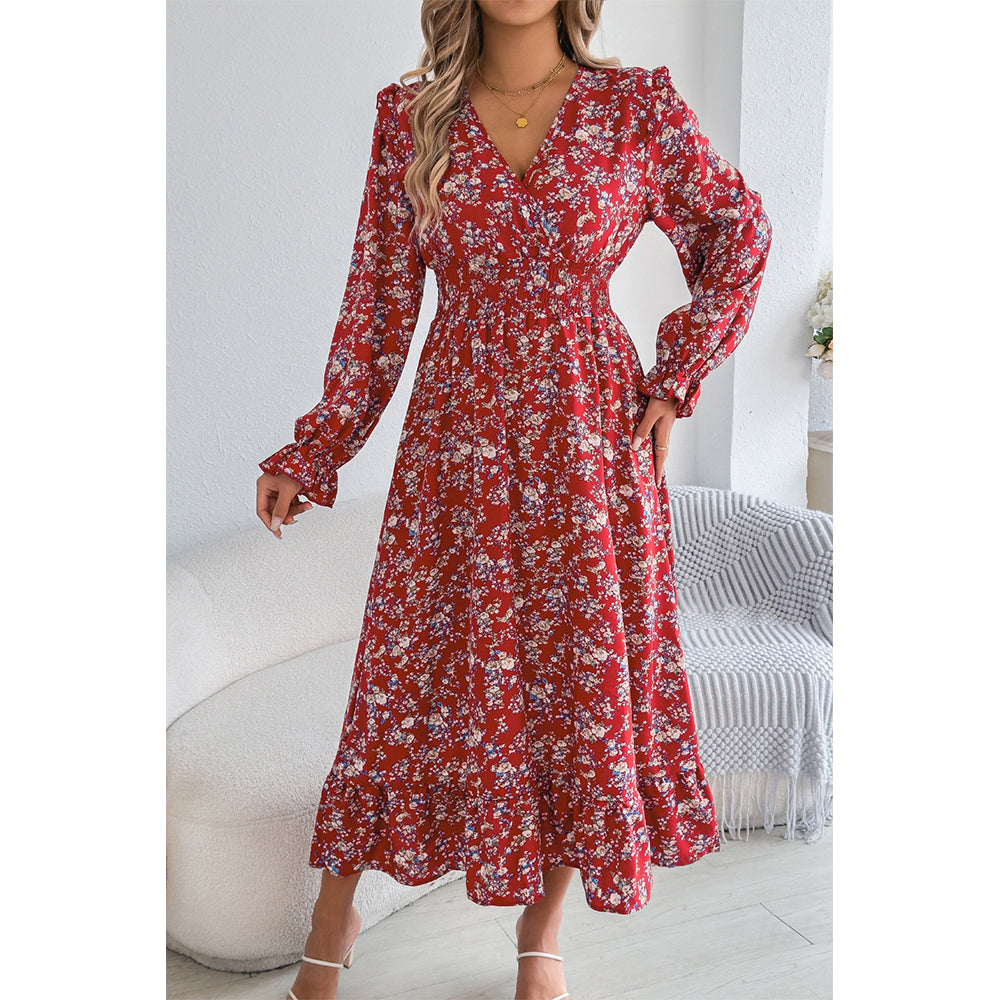 Attraco Women Surplice V Neck Smocked Long Sleeve Tiered Midi Ditsy Floral Dress