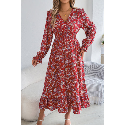 Attraco Women Surplice V Neck Smocked Long Sleeve Tiered Midi Ditsy Floral Dress