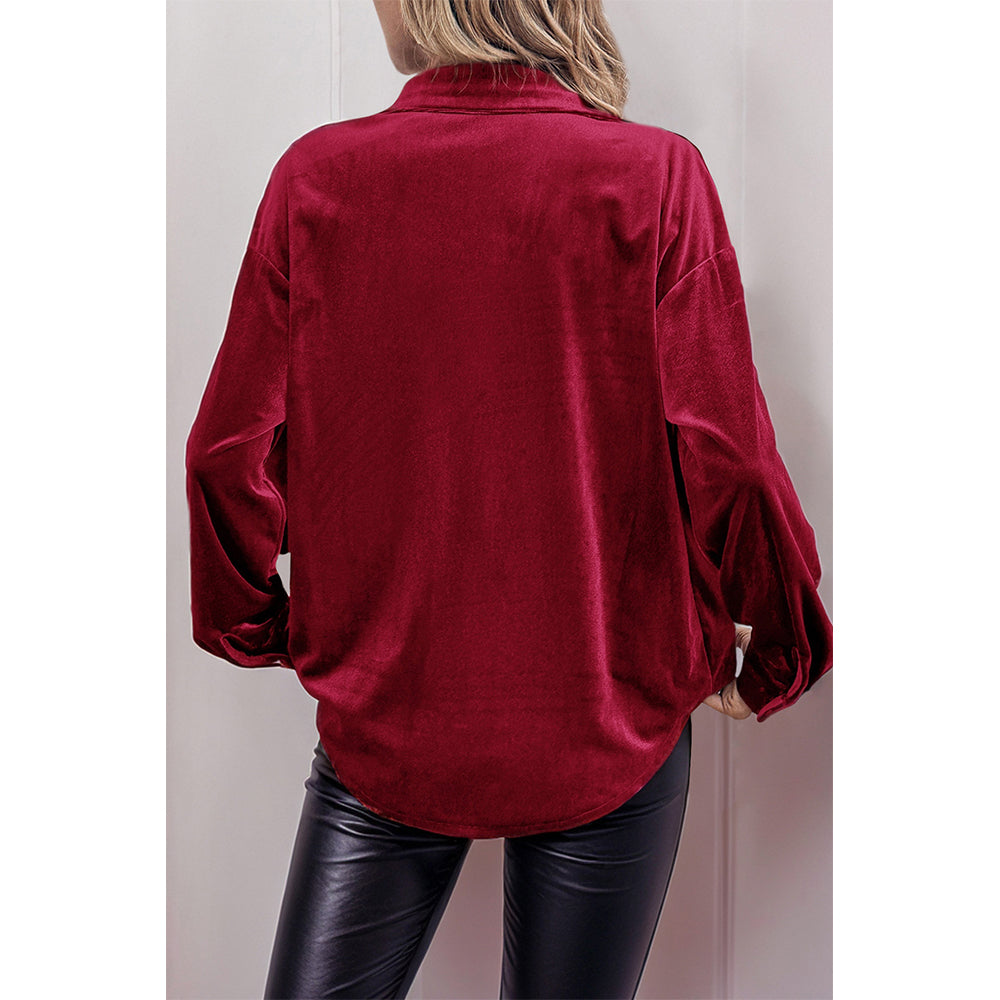 V For City Women's Velvet Collared Lantern Sleeve Button Down Shirts