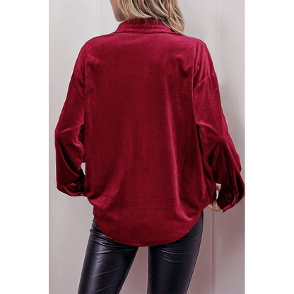 V For City Women's Velvet Collared Lantern Sleeve Button Down Shirts