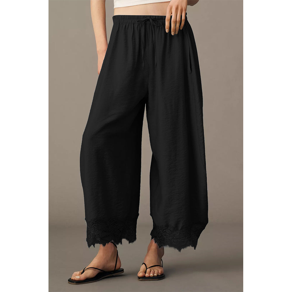 Attraco Women Elastic Drawstring High Waist Wide Leg Cropped Pants with Side Pockets and Lace Hem