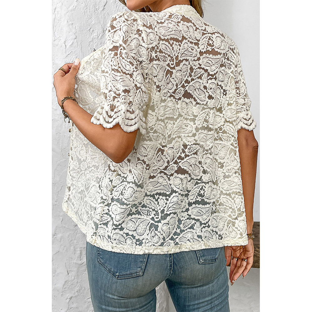 Attraco Women's Floral Lace Button Down Blouse Scalloped Short Sleeves Shirts