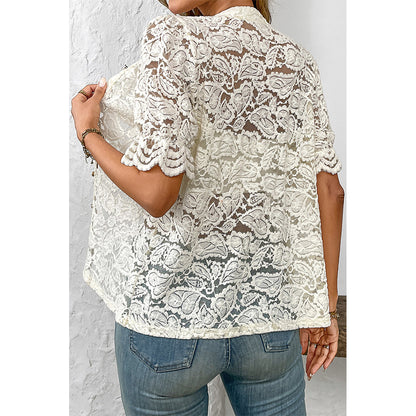 Attraco Women's Floral Lace Button Down Blouse Scalloped Short Sleeves Shirts