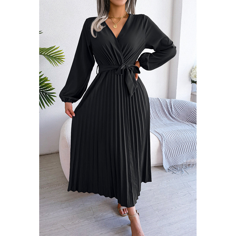 Attraco Women Wrap V Neck Belted Long Balloon Sleeve Pleated Midi Dress