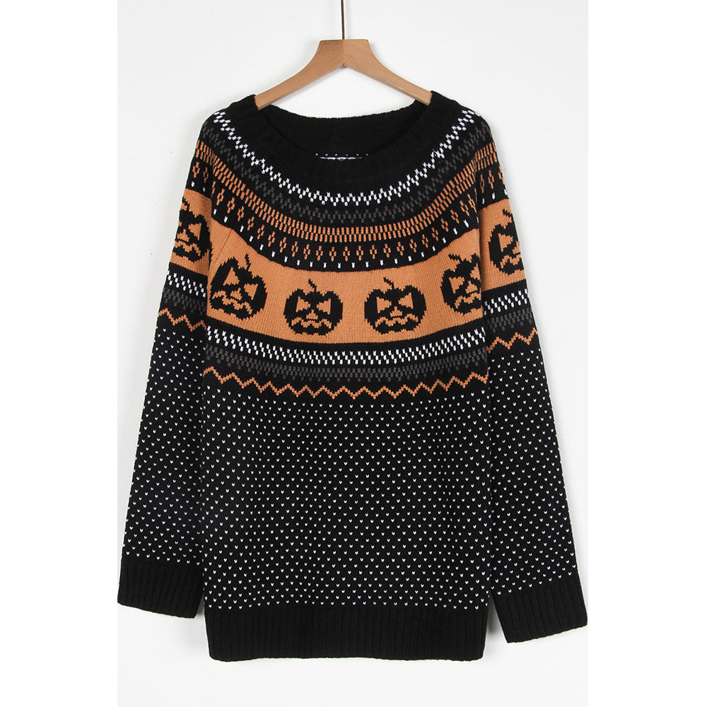 Attraco Women's Halloween Pumpkin Sweater Long Sleeve Crewneck Fair Isle Knit Pullover Fall Cozy Holiday Jumper