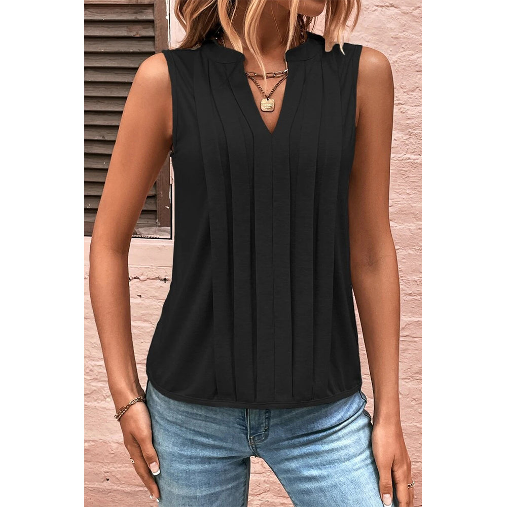 Attraco Women's Sleeveless Split V-Neck Pleated Casual Tank Top Summer Shirts
