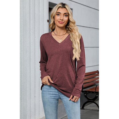 Attraco Women's Long Sleeve V Neck Tunic Top Soft Stretch Casual Shirt with Side Ruched Detail