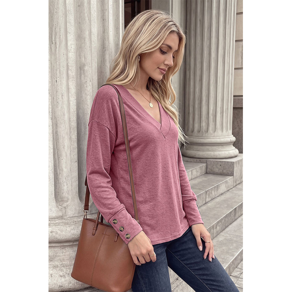 Attraco Women's Brushed V-Neck Long Sleeve Knit Top with Button Cuff Detail